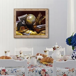 «Натюрморт с картой мира, книгами и пергаментом» в интерьере кухни в стиле прованс над столом с завтраком
