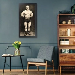 «Portrait of Heavy Weight Wrestler, Johann Lem, c.1910» в интерьере гостиной в стиле ретро в серых тонах