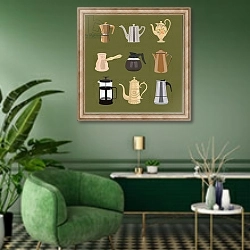 «Coffee Pots» в интерьере гостиной в зеленых тонах