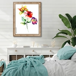 «Цветы мака, герберы и тюльпана» в интерьере спальни в стиле прованс с голубыми деталями