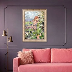 «House with Spring Blossom Tree on the Foreground» в интерьере гостиной с розовым диваном