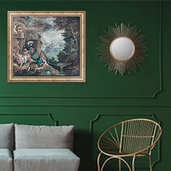 «Пейзаж с волшебствами» в интерьере классической гостиной с зеленой стеной над диваном