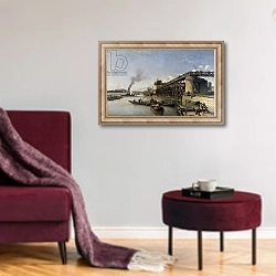 «View of Paris, the Seine or l'Estacade, 1853» в интерьере гостиной в бордовых тонах