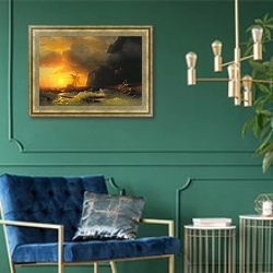«Кораблекрушение у горы Афон» в интерьере в классическом стиле с зеленой стеной