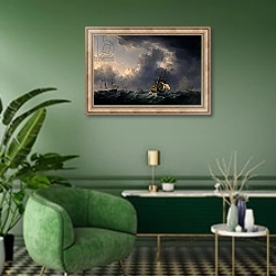 «English Ships Running Before a Gale» в интерьере гостиной в зеленых тонах