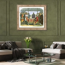 «King John signs the Great Charter» в интерьере гостиной в оливковых тонах