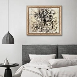 «Study of trees, by Piet Mondrian, charcoal and white lead drawing. Netherlands, 20th century.» в интерьере спальне в стиле минимализм над кроватью