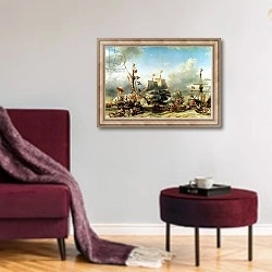 «The Embarkation of Ruyter and William de Witt in 1667, 1850-51» в интерьере гостиной в бордовых тонах