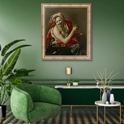 «Bacchante with an Ape, 1627» в интерьере гостиной в зеленых тонах