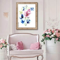 «Букет голубых и розовых полевых цветов» в интерьере гостиной в стиле прованс над диваном