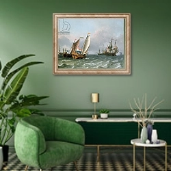 «Dutch Shipping in a Choppy Sea» в интерьере гостиной в зеленых тонах