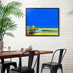 «Весенний абстрактный пейзаж» в интерьере столовой в скандинавском стиле с кирпичной стеной