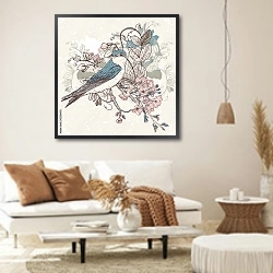 «Голубая птичка на цветущей ветке» в интерьере светлой гостиной в стиле ретро