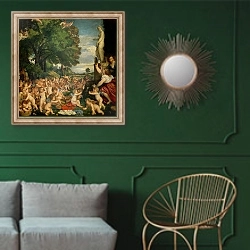 «The Worship of Venus, 1519» в интерьере классической гостиной с зеленой стеной над диваном