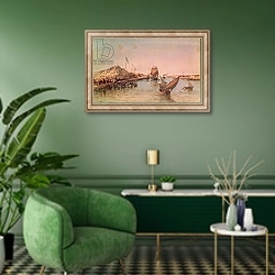 «Shipping on the Suez Canal, 1869» в интерьере гостиной в зеленых тонах