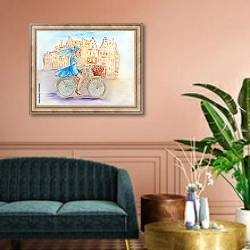 «Девушка с цветами на велосипеде» в интерьере классической гостиной над диваном