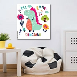 «Иллюстрация с забавным динозавром и цветком 2» в интерьере детской комнаты для маленького футболиста