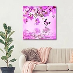 «Бабочки и орхидеи в розовом оттенке» в интерьере современной светлой гостиной над диваном