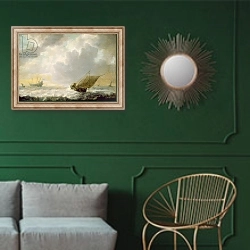 «Seascape, c.1650» в интерьере классической гостиной с зеленой стеной над диваном