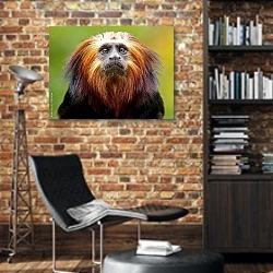 «Обезьяна львиный игрунок, портрет» в интерьере кабинета в стиле лофт с кирпичными стенами