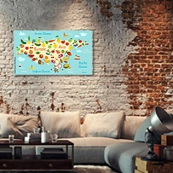 «Фруктовая детская карта Евразии» в интерьере гостиной в стиле лофт с кирпичной стеной