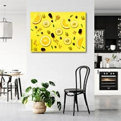 «Разбросанные фрукты и ягоды на желтом фоне» в интерьере современной светлой кухни