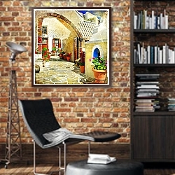 «Греция. Улицы Санторини #3. Винтаж» в интерьере кабинета в стиле лофт с кирпичными стенами