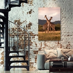 «Два жирафа скрестили шеи» в интерьере двухярусной гостиной в стиле лофт с кирпичной стеной