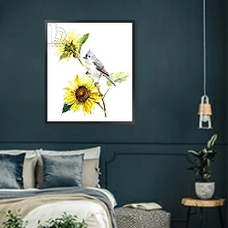 «Titmouse with Sunflower, 2016,» в интерьере гостиной в зеленых тонах