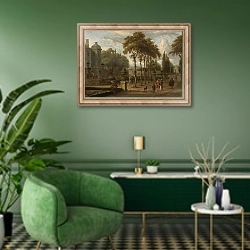 «Элегантная компания в саду у усадьбы» в интерьере гостиной в зеленых тонах