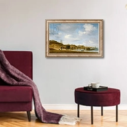 «The Beach at Egmond-an-Zee» в интерьере гостиной в бордовых тонах