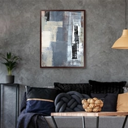 «Серая абстракция с прямоугольниками» в интерьере гостиной в стиле лофт в серых тонах