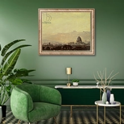 «Houses Dominated by a Dome, Rome» в интерьере гостиной в зеленых тонах