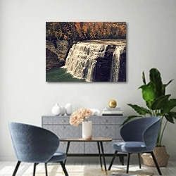 «Большой водопад в осеннем лесу» в интерьере современной гостиной над комодом