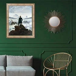 «The Wanderer above the Sea of Fog, 1818» в интерьере классической гостиной с зеленой стеной над диваном
