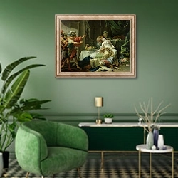 «The Death of Cleopatra, 1755» в интерьере гостиной в зеленых тонах