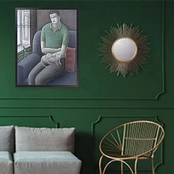 «Young Man with Cat, 2008» в интерьере классической гостиной с зеленой стеной над диваном