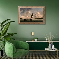 «A Smack Under Sail in a Light Breeze in a River, c.1756-9» в интерьере гостиной в зеленых тонах