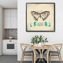 «Иллюстрация с мотыльком» в интерьере кухни в светлых тонах над обеденным столом