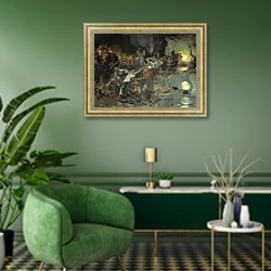«Тризна дружинников Святослава после боя под Доростолом в 971 году» в интерьере гостиной в зеленых тонах