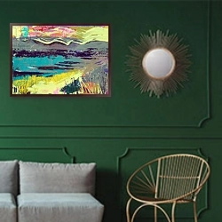 «Out to sea, Iona» в интерьере классической гостиной с зеленой стеной над диваном