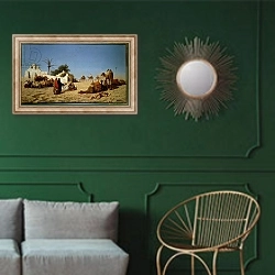 «A Caravan Halted in the Desert» в интерьере классической гостиной с зеленой стеной над диваном