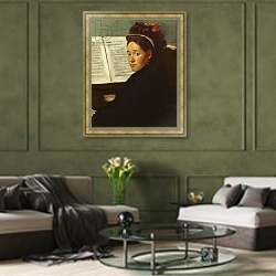 «Mademoiselle Marie Dihau at the piano, c.1869-72» в интерьере гостиной в оливковых тонах