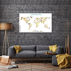 «Детская карта мира с животными №8» в интерьере в стиле лофт над диваном