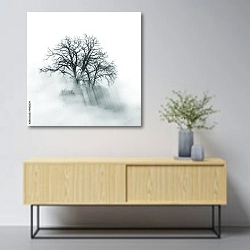 «Силуэт одинокого дерева в туманное утро» в интерьере в скандинавском стиле над тумбой