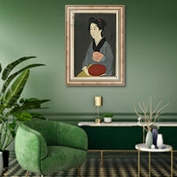 «Woman Holding a Tray, Taisho era, January 1920» в интерьере гостиной в зеленых тонах