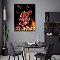 «Летающая сырая говядина над огнем» в интерьере современной кухни в серых цветах