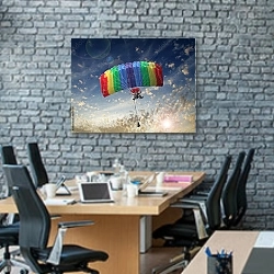 «Радужный парашют» в интерьере современного офиса с черной кирпичной стеной