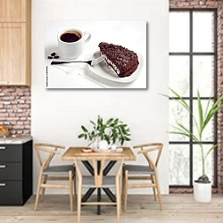 «Кусок шоколадного торта и кофе на белом столе» в интерьере кухни с кирпичными стенами над столом