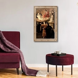 «The Vision of St. Alphonsus Rodriguez» в интерьере гостиной в бордовых тонах